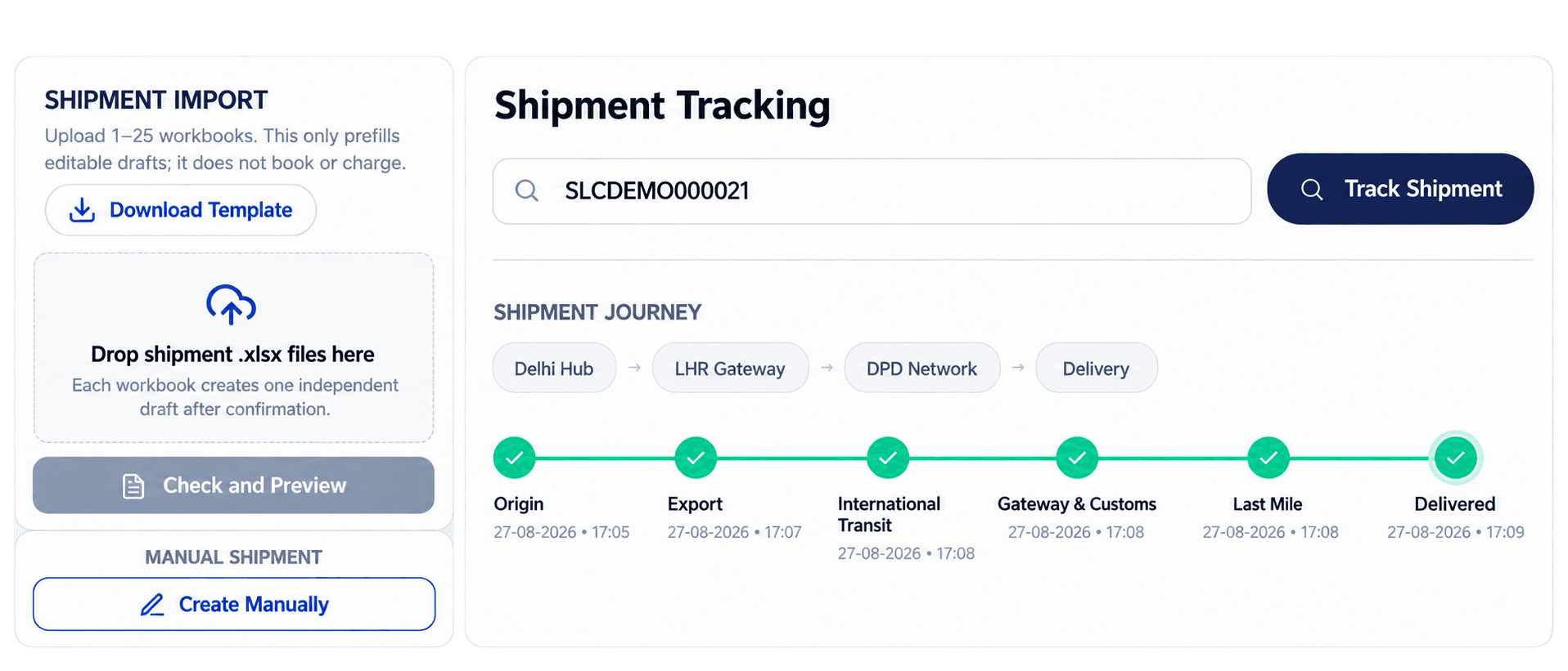 Swiftline shipment import and manual creation alongside the shipment tracking journey